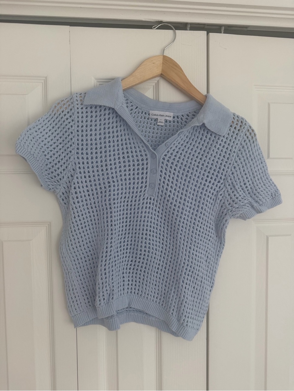 Calvin Klein Light Blue Open-Knit Polo Sweater – Size M